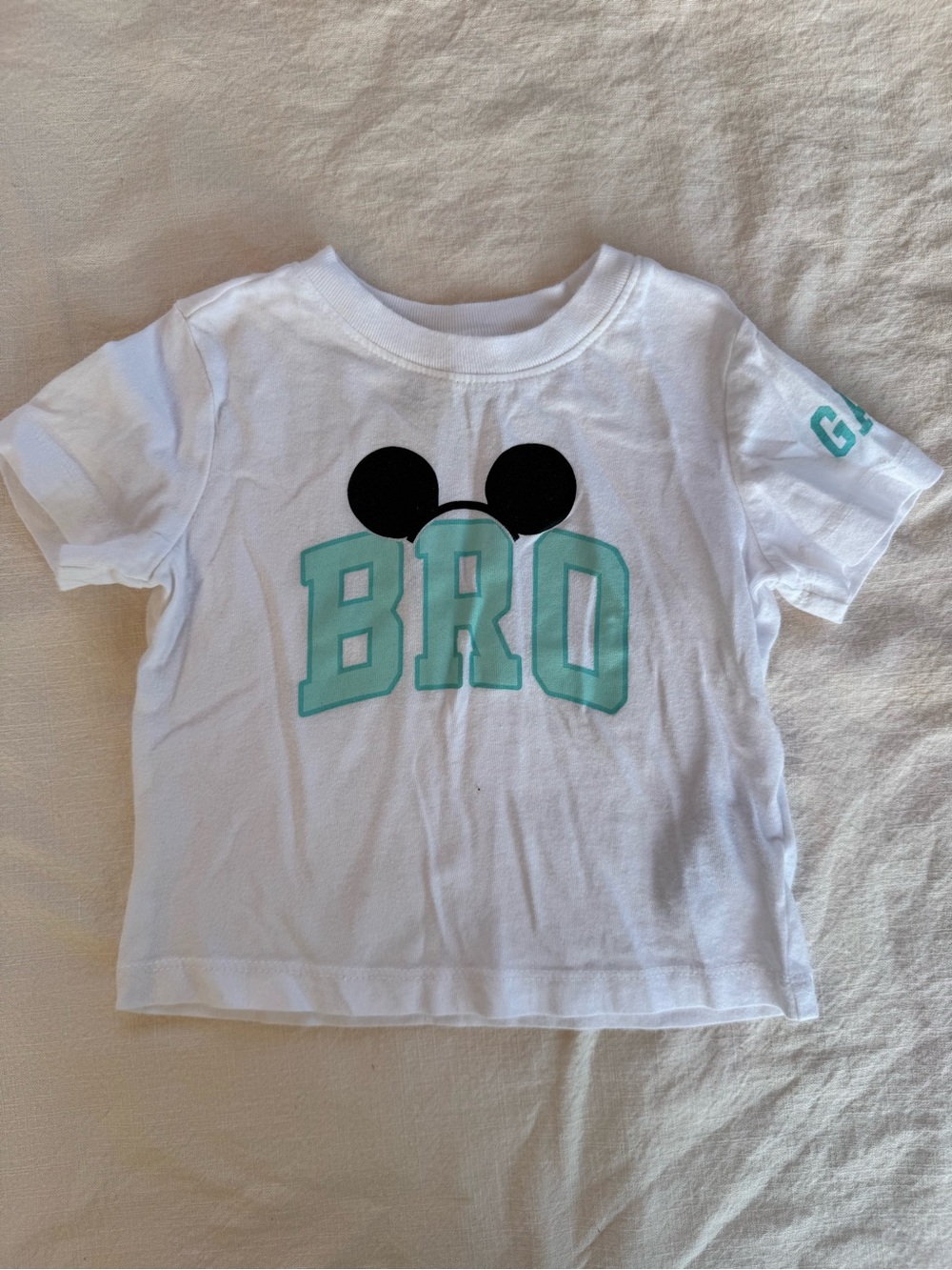 GAP White Tee with Mint 'BRO' and Black Mickey Ears